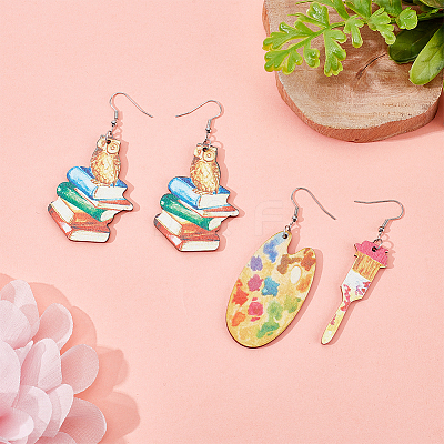 2 Pair 2 Style Book & Brush & Palette Single Face Printed Wood Dangle Earrings EJEW-AN0002-74-1