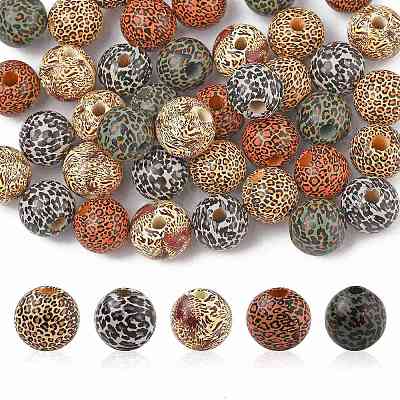 40Pcs 5 Colors Printed Schima Wood Beads WOOD-FS0001-47-1