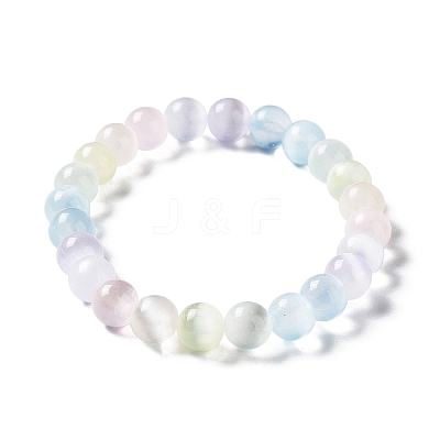 Macaron Color Dyed Natural Selenite Round Beaded Stretch Bracelet X-BJEW-D024-01A-1