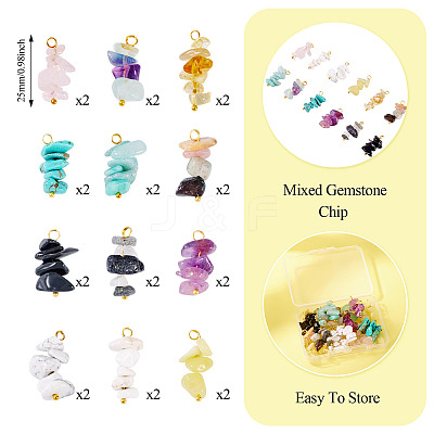 24Pcs 12 Styles Mixed Gemstone Chip Pendants PALLOY-TAC0166-1