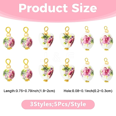 15Pcs 3 Styles Printed Handmade Porcelain Pendants PALLOY-YW00194-1