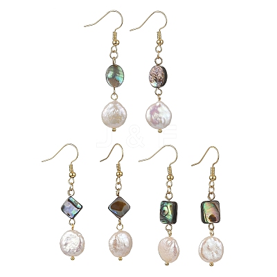 Geometric Shape Abalone Shell/Paua Shell & Natural Keshi Pearl Dangle Earrings for Women EJEW-JE07338-1