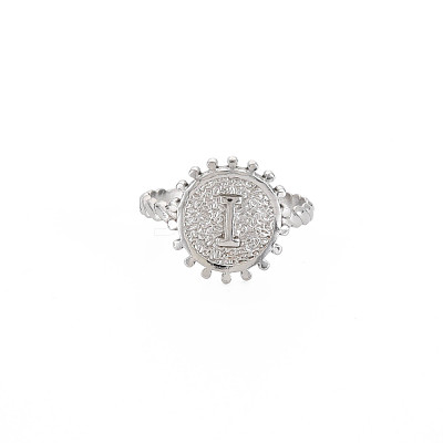 Non-Tarnish 304 Stainless Steel Flat Round with Initial Letter Open Cuff Ring for Men Women RJEW-S405-246P-I-1