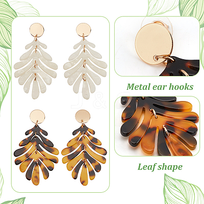 2 Pairs 2 Colors Acrylic Tropical Leaf Dangle Stud Earrings EJEW-AN0001-19-1