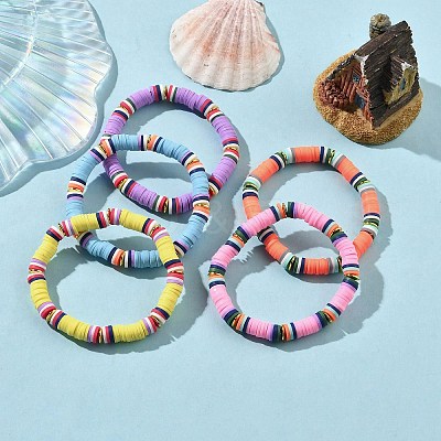 5Pcs 5 Color Polymer Clay Heishi Surfer Stretch Bracelets Set BJEW-JB09862-1