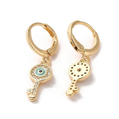 Key with Evil Eye Golden Brass Dangle Leverback Earrings EJEW-Q797-03G-03-1
