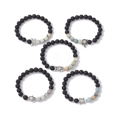 5Pcs 5 Styles Natural Flower Amazonite & Lava Rock Stretch Bracelets Set BJEW-JB09746-S-1