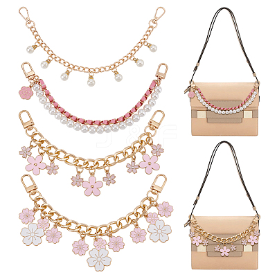 4Pcs 4 Styles Alloy Pink Enamel Flower Charm Bag Decorative Chains FIND-GA0008-19-1