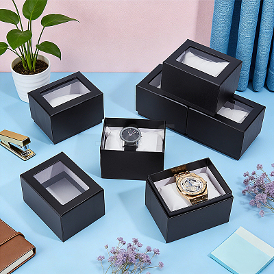 Paper Jewelry Watch Packing Boxes with PVC Window Lid and Pillow Inside CON-WH0089-259C-1