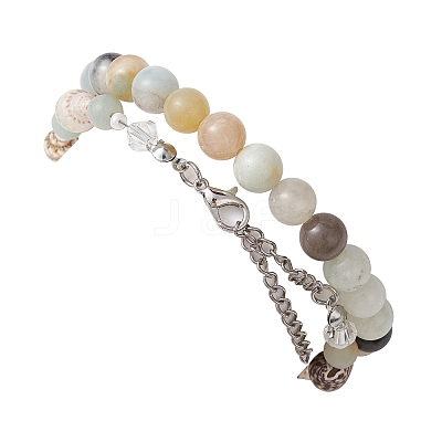 2Pcs 2 Style Natural Amazonite & Glass & Shell Stretch Bracelets with Tortoise BJEW-JB10091-01-1