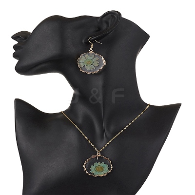 Inner Dried Flower Resin Dangle Earring & Pendant Necklaces Sets SJEW-FS00005-1