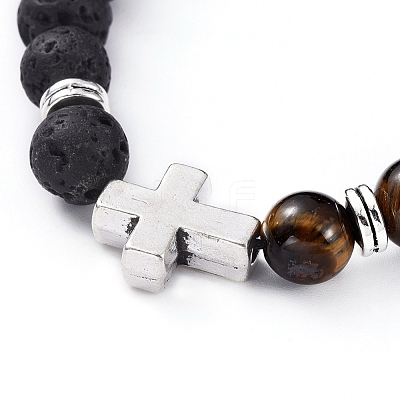 Natural Lava Rock & Tiger Eye Beads Adjustable Braided Bracelets BJEW-JB04987-02-1