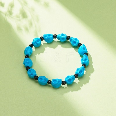 Natural Mashan Jade Skull & Synthetic Turquoise(Dyed) Beaded Stretch Bracelet BJEW-JB08377-04-1