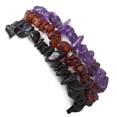 3Pcs 3 Styles Natural Amethyst & Garnet & Obsidian Chips Stretch Bracelets Sets BJEW-JB11076-10-1