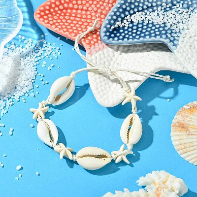 Natural Shell & Synthetic Turquoise Starfish Braided Bead Bracelets BJEW-JB10081-1