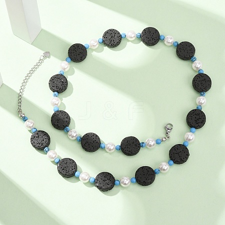 Dyed Natural Lava Rock & Round Synthetic Turquoise & Imitation Pearl Beaded Necklaces GG-CBA922D-07B-1