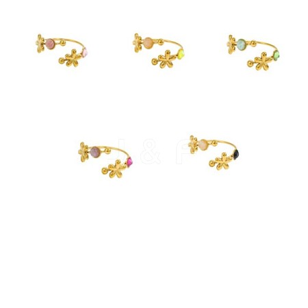 304 Stainless Steel & Nstural Gemstone & Cubic Zirconia Cuff Rings for Women STAS-OY012-53G-1