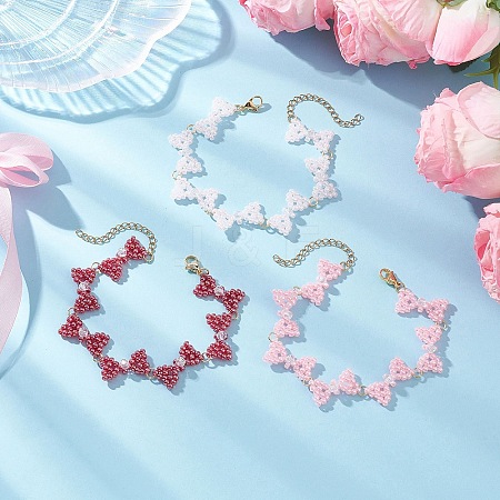 3Pcs 3 Colors Glass Seed Beads Bowknot Link Bracelets for Women BJEW-MZ00220-1