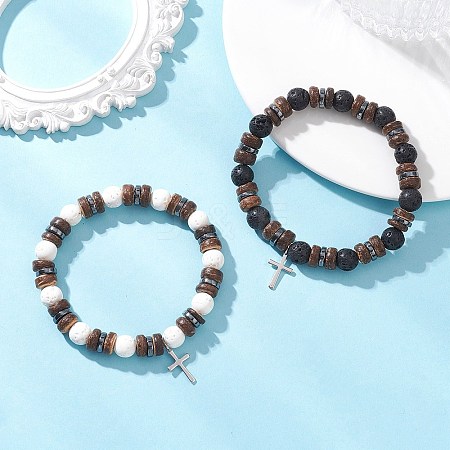 2Pcs Adjustable Natural Coconut & Lava Rock & Synthetic Lava Rock Beads Stretch Bracelets BJEW-JB13285-1