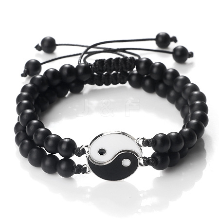 Black and White Yin Yang Non-Magnetic Synthetic Hematite Braided Bracelets NA9786-1-1