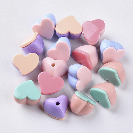  Jewelry Beads Findings Opaque Acrylic Beads, Two Tone, with Flat Plate, Half Drilled, Heart, Mixed Color, 15x18x13.5mm, Half Hole: 2.5mm