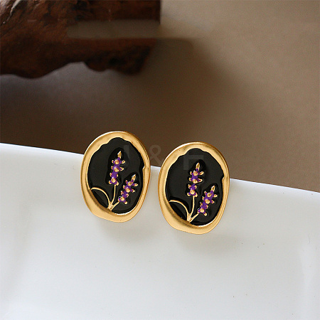 Brass Enamel Oval & Flower Stud Earrings WG2CA86-01-1