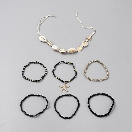 7Pcs 7 Styles Alloy & Natural Shell & Resin Seed Bead Bracelets Set for Women BJEW-WH0022-60B-1