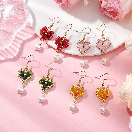 Glass Seed Beads Heart Dangle Earrings EJEW-MZ00336-1