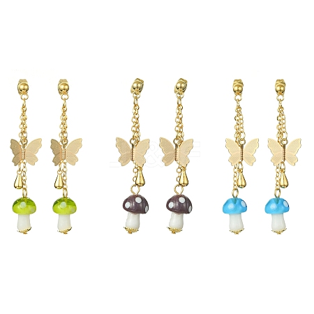 Lampwork Mushroom & Brass Butterfly Dangle Stud Earrings EJEW-TA00376-1