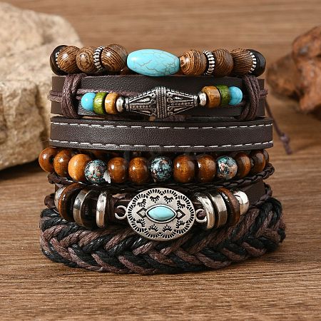 6Pcs 6 Styles Wood & Synthetic Turquoise Beaded Stretch Bracelets & Alloy Synthetic Turquoise Link Bracelets & Retro PU Leather Cord Bracelets for Men's FS-WG129F8-06-1