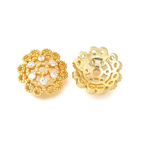 Flower Brass Micro Pave Clear Cubic Zirconia Bead Caps KK-V008-33G-1