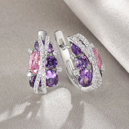 Platinum Teardrop Brass Micro Pave Cubic Zirconia Hoop Earrings FS-WG54F4B-02-1