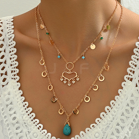 Natural Turquoise Teardrop Double Layer Necklaces UL0638-1