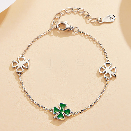 Rhodium Plated 925 Sterling Silver Green Lucky Four-leaf Clover Cable Chain Bracelets for Women CX1812-1