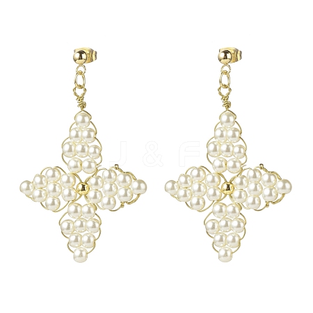 Glass Pearl Braided Star Stud Earrings EJEW-JE04982-02-1