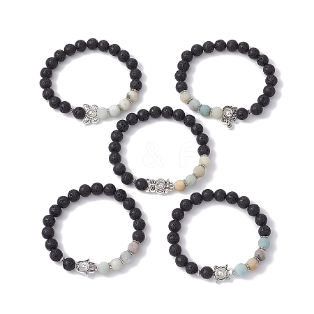 5Pcs 5 Styles Natural Flower Amazonite & Lava Rock Stretch Bracelets Set BJEW-JB09746-S-1