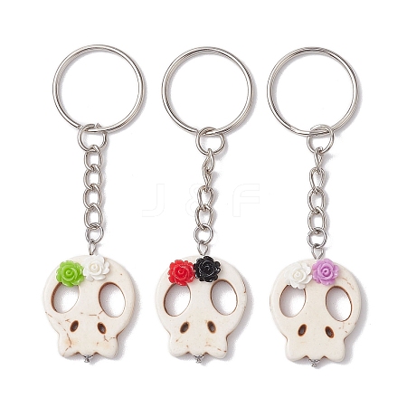 3Pcs Skull Synthetic Turquoise & Flower Resin Keychain KEYC-JKC00844-S-1