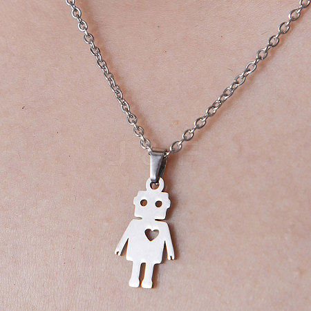 201 Stainless Steel Robot with Heart Pendant Necklace NJEW-OY001-04-1