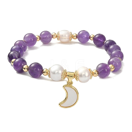 Natural Amethyst & Pearl Beaded Stretch Bracelet BJEW-JB09360-01-1