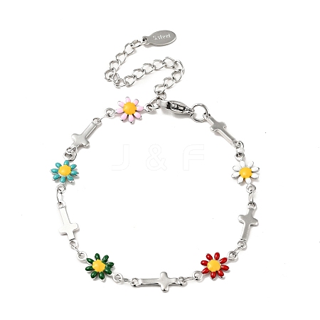 Enamel Flower & Cross Link Chain Bracelet BJEW-C023-01P-01-1