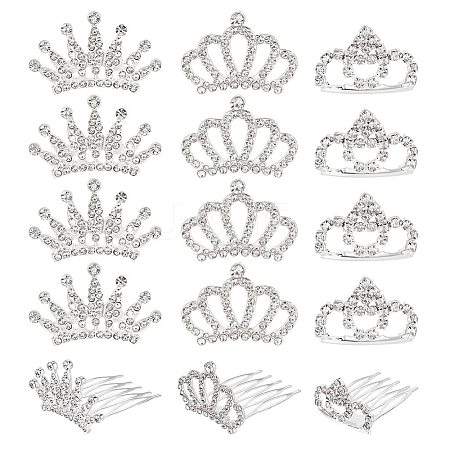 CHGCRAFT 15Pcs 3 Style Crown Alloy Rhinestones Hair Combs FIND-CA0005-94-1