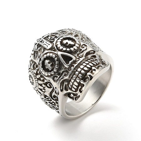 316 Stainless Steel Skull with Cross Finger Ring RJEW-C030-02E-AS-1