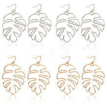 ANATTASOUL 4 Pairs 2 Colors Alloy Hollow Out Monstera Leaf Dangle Earrings for Women EJEW-AN0001-18