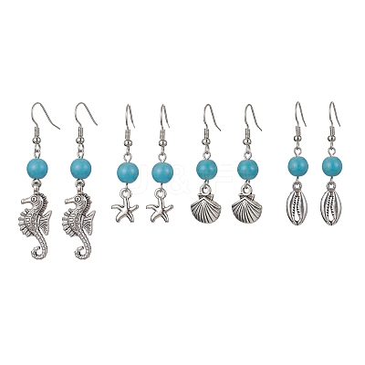 4 Pairs 4 Styles Synthetic Turquoise Beaded Dangle Earrings EJEW-JE05496-S-1