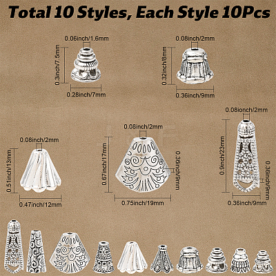 100Pcs 10 Styles Tibetan Styles Alloy Bead Cone & Caps FIND-SP0020-73C-1
