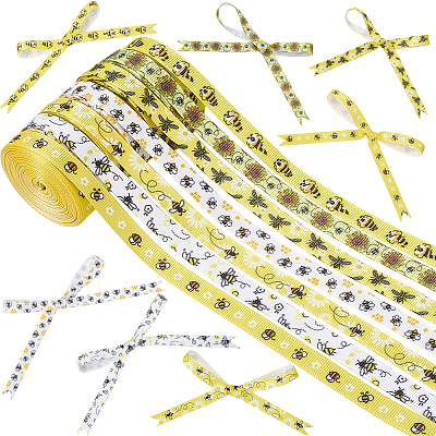 7 Rolls 7 Styles Polyester Bees Printed Grosgrain Ribbons Set SRIB-CY0001-02A-1
