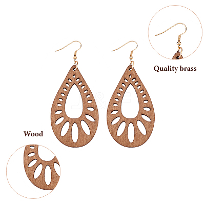 2 Pairs 2 Style Natural Wood Hollow Out Teardrop Dangle Earrings EJEW-AN0001-54-1