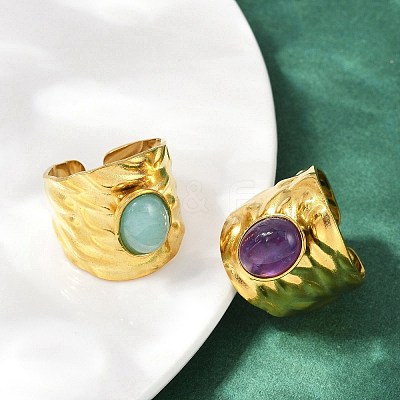 316 Stainless Steel with Natural Mixed Gemstone Cuff Rings RJEW-Z098-01G-16-1