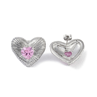 Heart 304 Stainless Steel Pearl Pink Cubic Zirconia Stud Earring for Women EJEW-Z047-05P-01-1