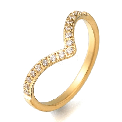 Ion Plating(IP) 304 Stainless Steel Micro Pave Clear Cubic Zirconia V Shape Finger Rings for Women RJEW-B066-04G-1